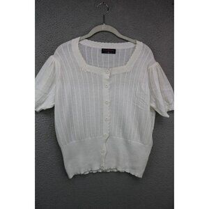 Curlbiuty Vintage Short Sleeve Scalloped Open Knit Button-Up Sweater-Size 2XL